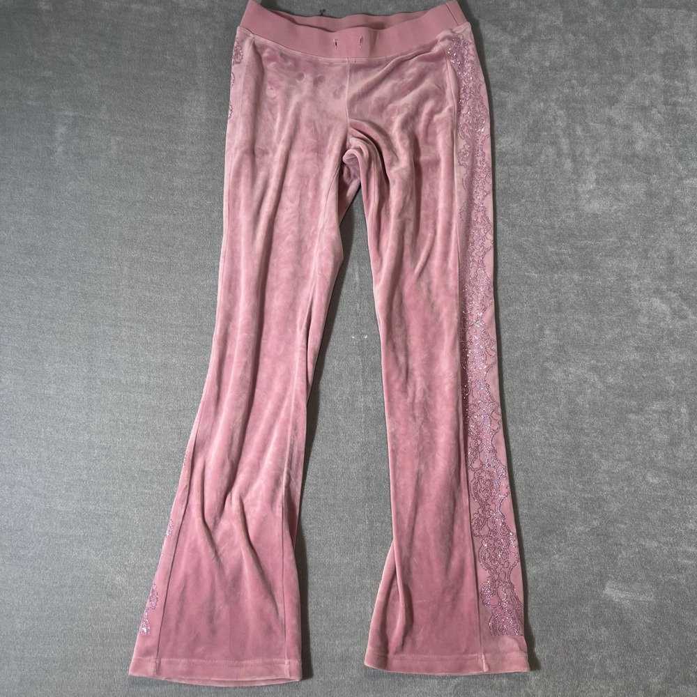 Juicy Couture Pink Velour Rhinestone Flare Track Pants Y2K Low Rise Small READ*